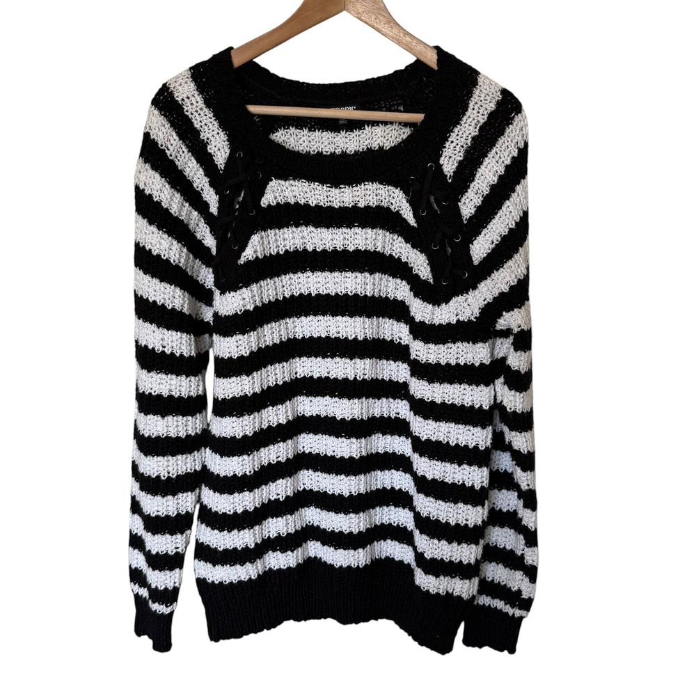 Hot Topic Striped Sweater Womens Large Black‎ White Excellent Lace Up Grunge